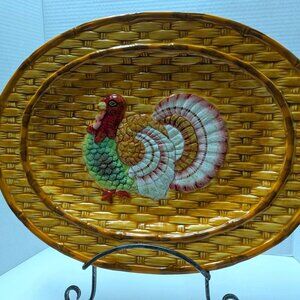 Beautiful Thanksgiving Turkey Serving Platter Handpainted 18"x14" Autumn ceramic